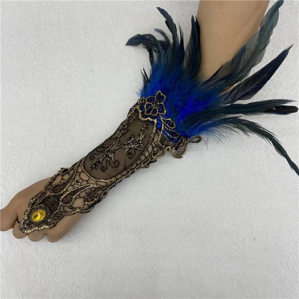 Women's Feather Lace Cuffs – Vintage Gothic Halloween Wristband Costume Feather Gloves Axl Blue