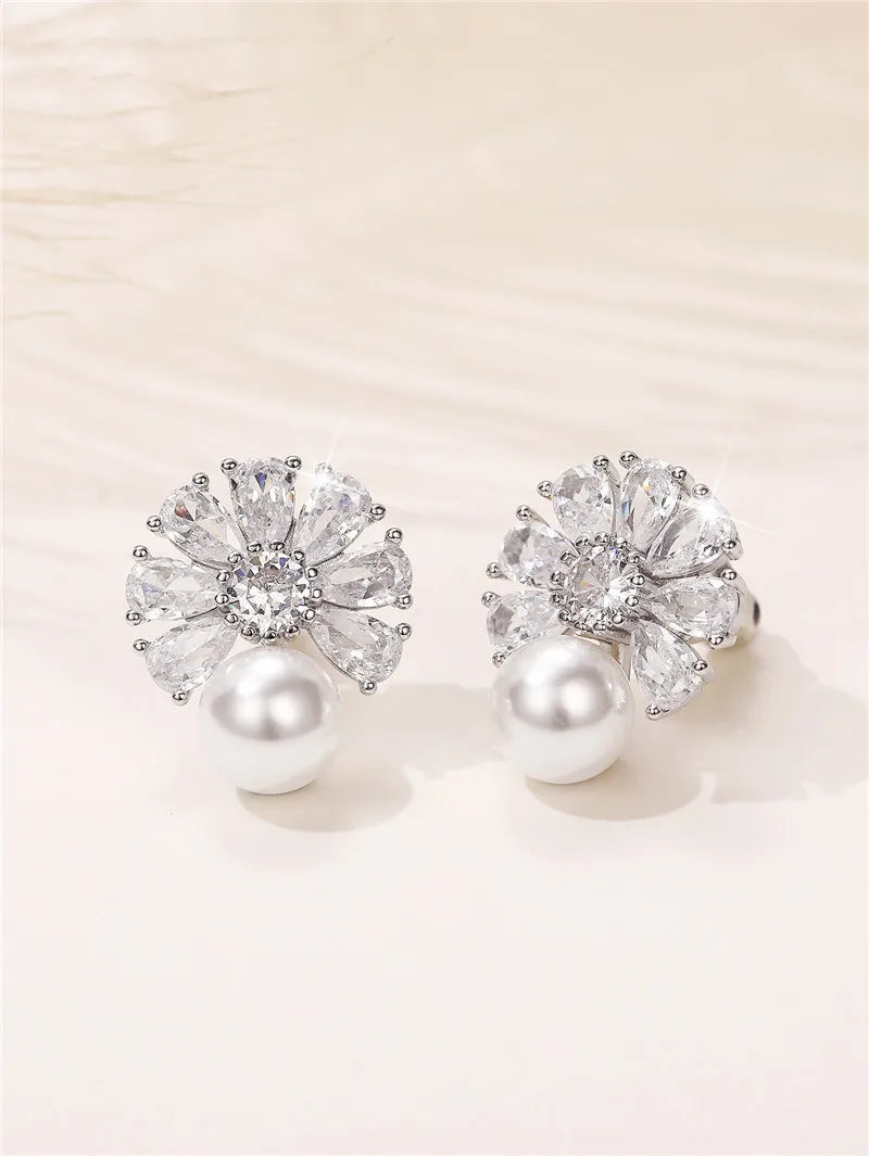 Huitan Pearl & CZ Stud Earrings – Elegant Women's Jewelry Pearl Stud Earrings Axl
