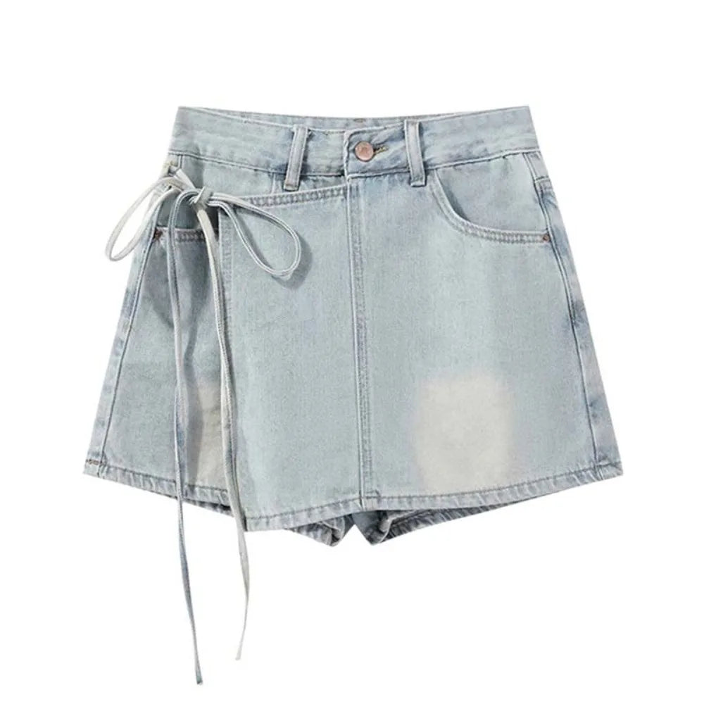 Y2K High Waist Denim A-Line Skirt – Lace-Up Wide Leg Blue Jean Denim A-Line Skirt Axl Light Blue XXL