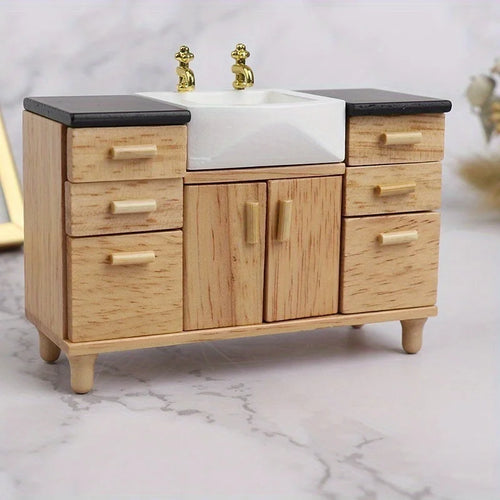 1/12 Dollhouse Wooden Wash Basin Cabinet & Ceramic Sink Dollhouse Miniature Axl