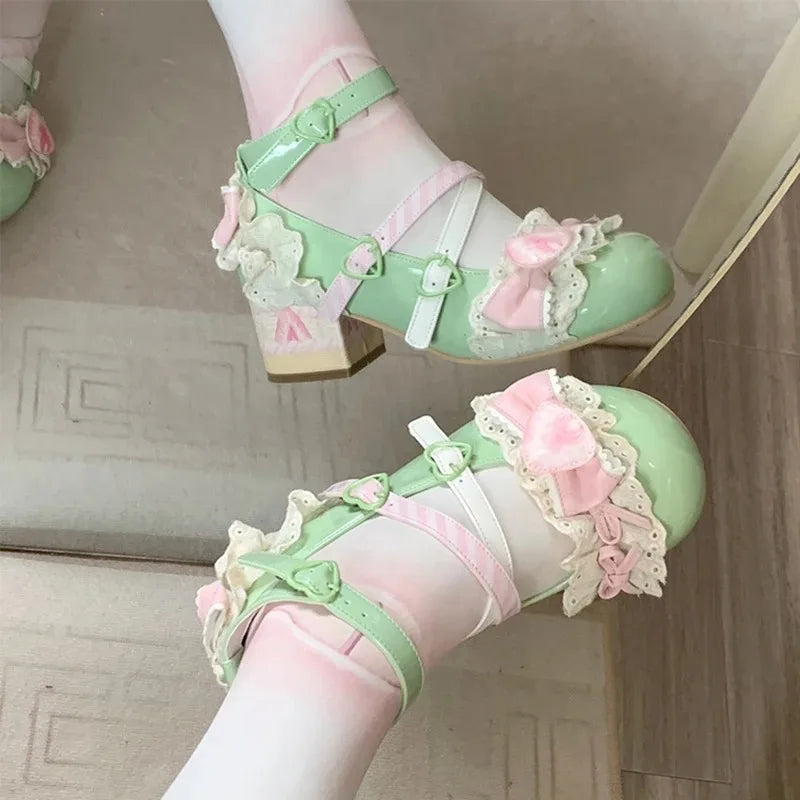 Women's Lolita Mary Jane Heels – Lace Strawberry Bowknot Pumps Mary Jane Pumps Axl
