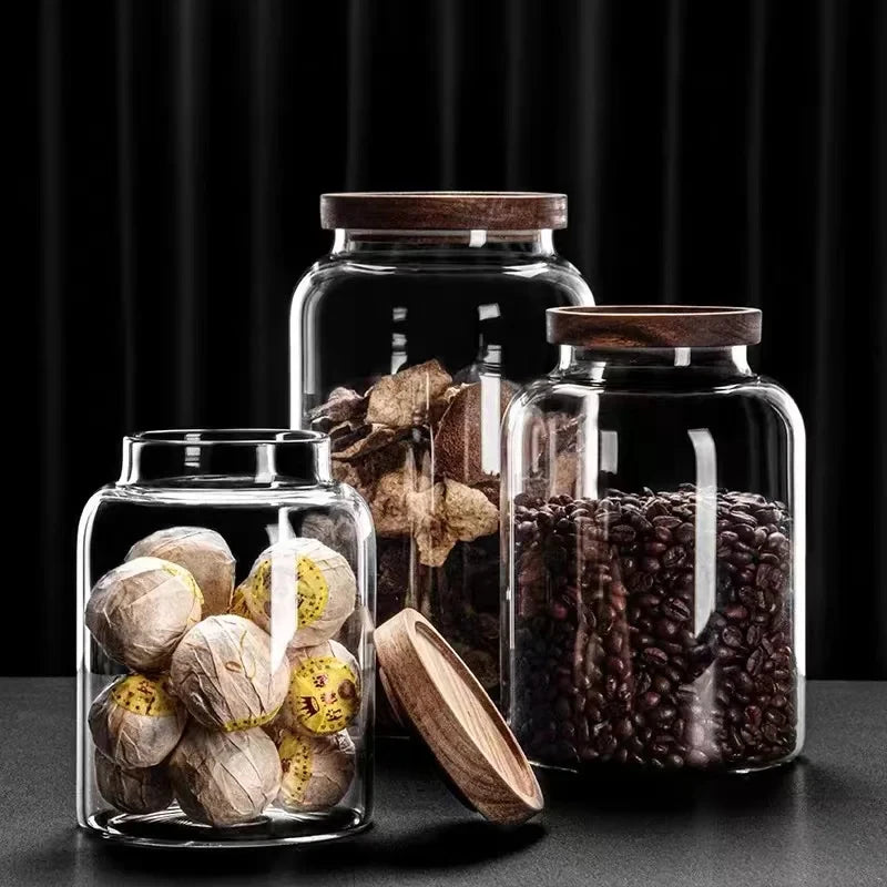 Large Glass Coffee Bean Storage Jar with Sealed Wooden Lid Glass Storage Jar Axl