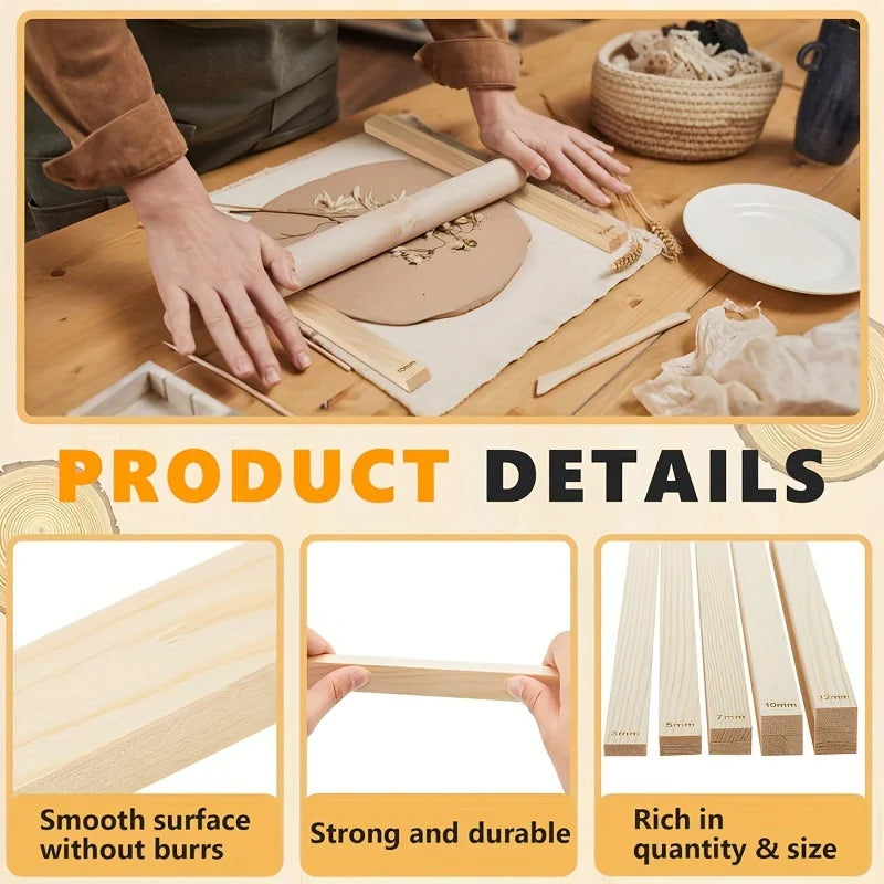 Wooden Clay Rolling Pin Guides – 10-Piece Thickness Strips, 5 Sizes Clay Crafting Tools Axl