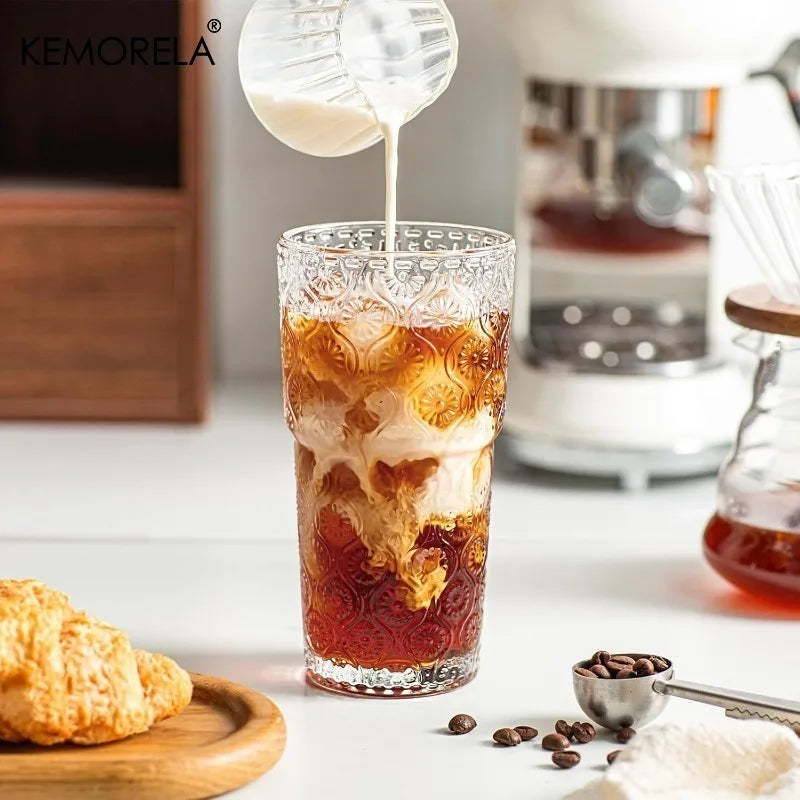 KEMORELA 600ml Begonia Glass Tumbler with Lid & Straw | 1-2 PCS Glass Tumbler Set Axl