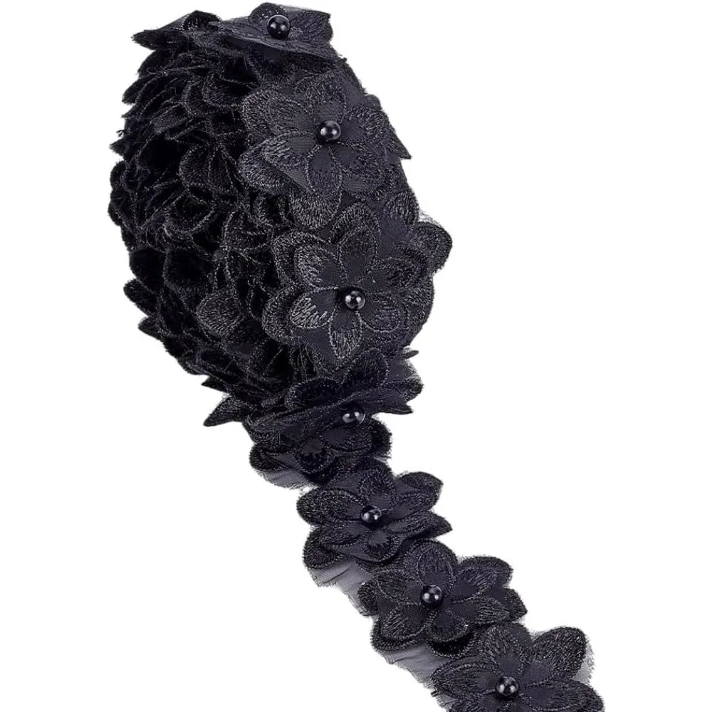 Pearl Trim Organza Lace Ribbon 4 Yds – 3D Floral Applique Black Lace Ribbon Trim Axl