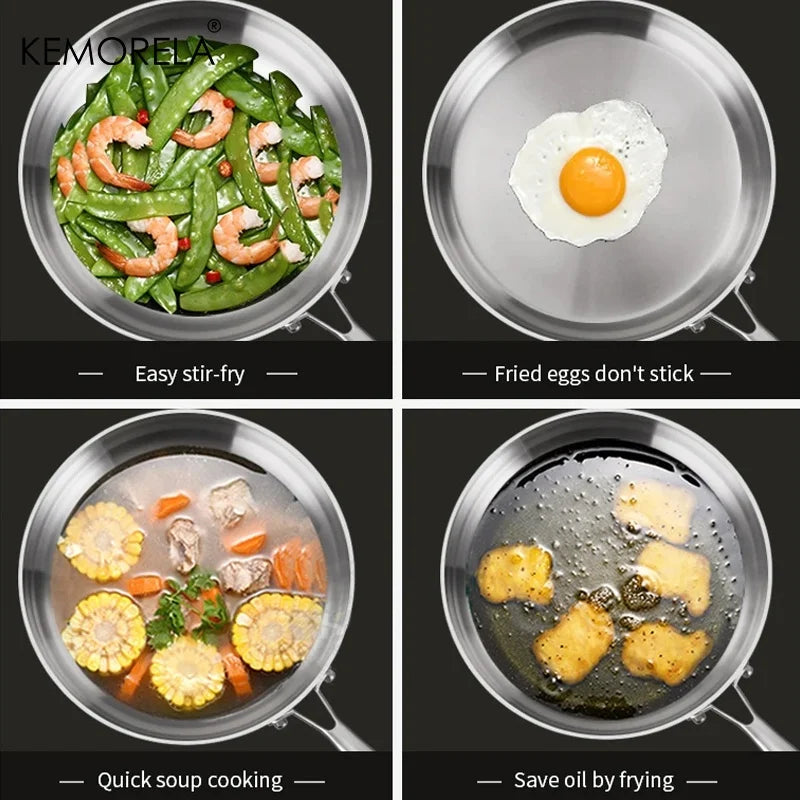 KEMORELA 316 Stainless Steel Uncoated Frying Pan 20–28cm Stainless Steel Frying Pan Axl
