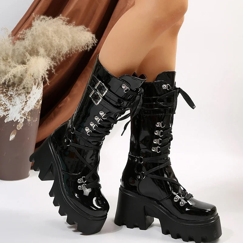 Women's Punk Patent Leather Platform Mid-Calf Wedge Boots Women's Platform Boots Axl