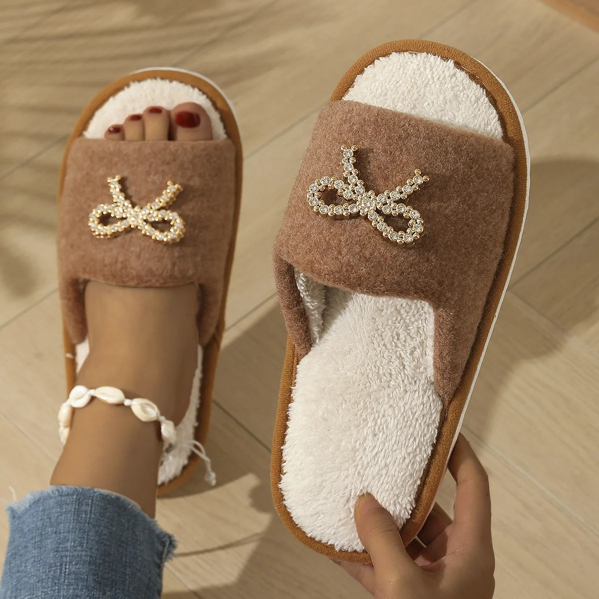 Women's Open Toe Plush Slippers – Butterfly-Knot Cork Sole Women's Slippers Axl brown 38-39