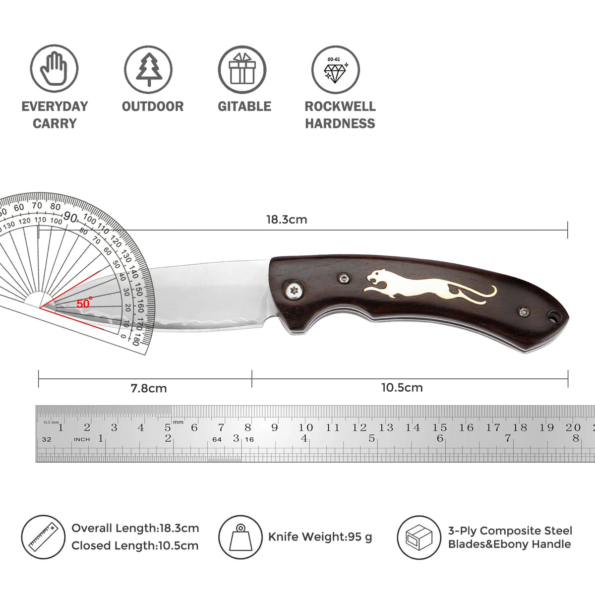 Xituo Folding Knife – 3-Ply Steel Blade & Ebony Handle EDC Folding Pocket Knife Axl
