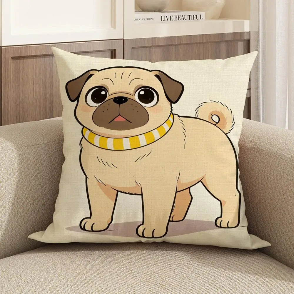 Pug Cartoon Linen Cushion Cover | Sofa, Bed & Chair Décor Decorative Cushion Cover Axl White9 50X50cm