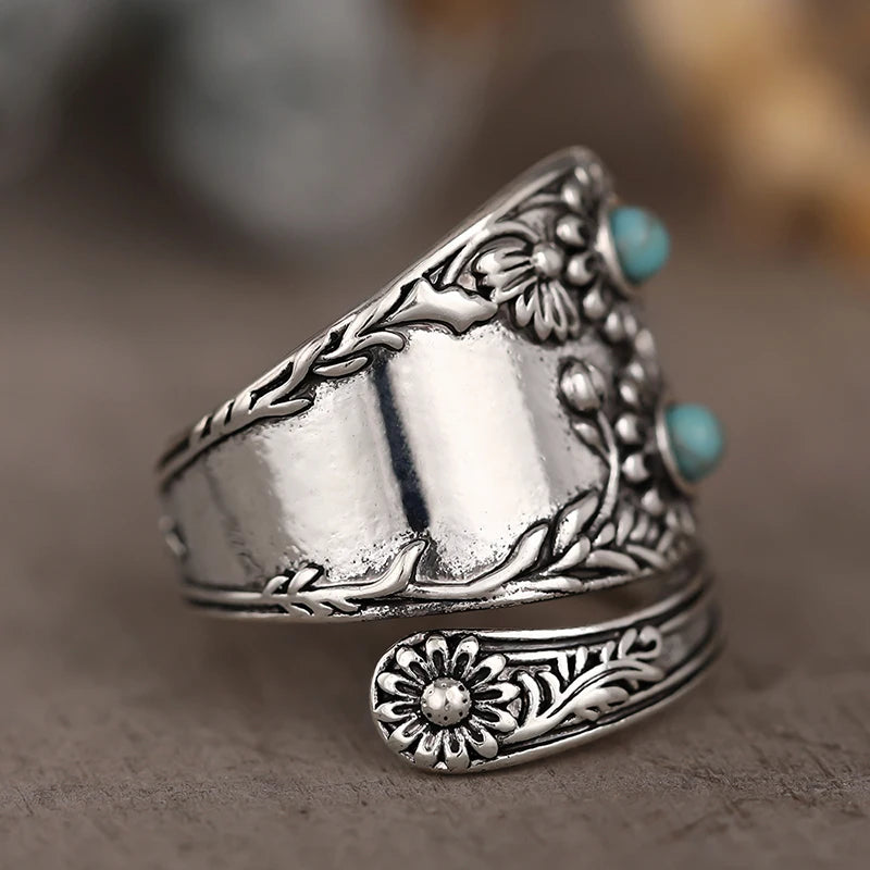 Huitan Vintage Flower Ring – Imitation Turquoise | Sizes 5–14 Fashion Ring Axl