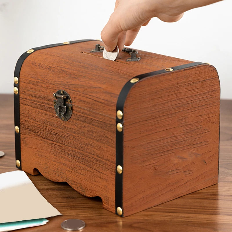 Vintage Wooden Treasure Chest with Lock | Piggy Bank & Decor Decorative Storage Box Axl
