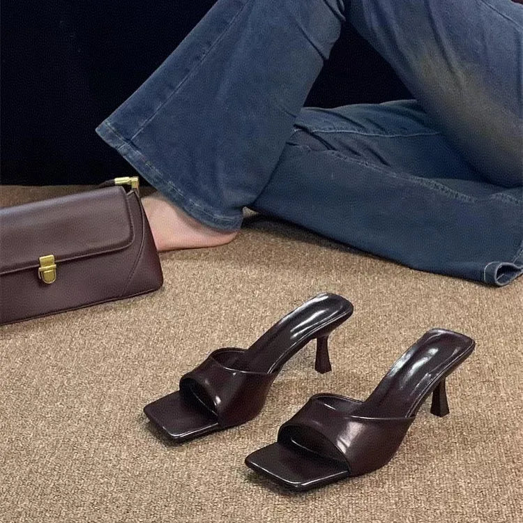 Women's Stiletto High Heel Slides – Square Open Toe Slip-On Pumps Stiletto Heel Slides Axl