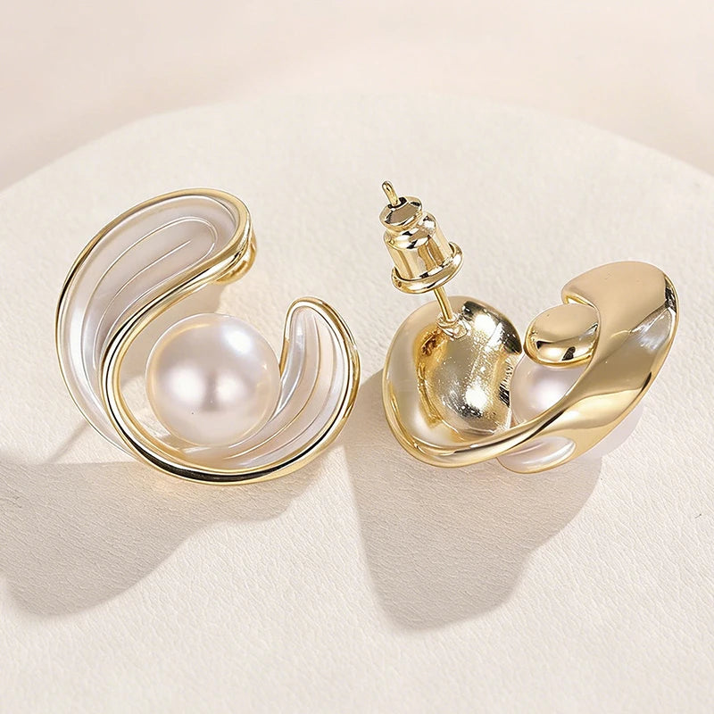 Huitan White Enamel Gold Stud Earrings | Geometric Fashion Stud Earrings Axl