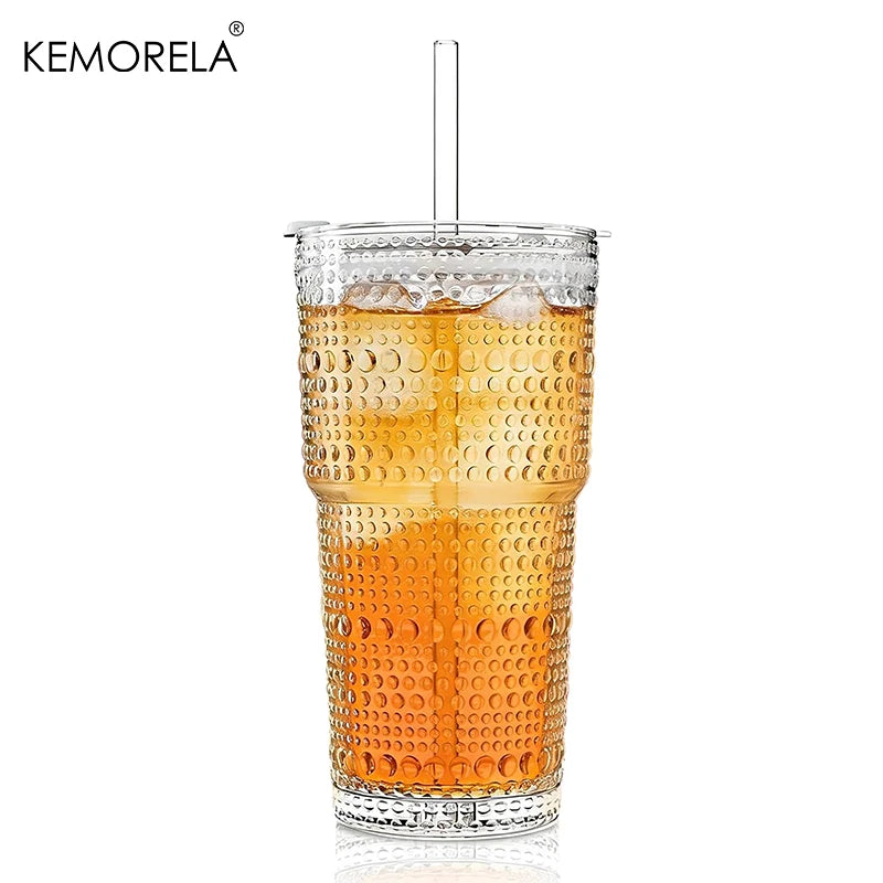 KEMORELA 600ml Hobnail Glass Tumbler with Lid & Straw Glass Tumbler Set Axl 1PCS 600ML