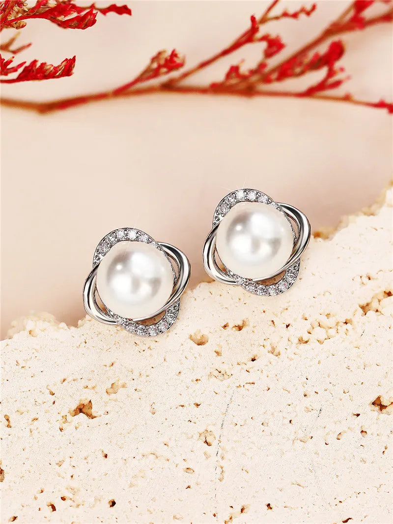 Huitan Pearl & Cubic Zirconia Stud Earrings for Women Pearl Stud Earrings Axl