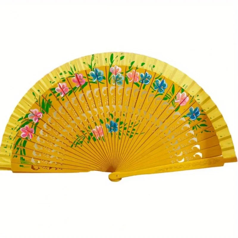 Wooden Spanish Folding Fan – Double-Sided Floral Dance & Decor Decorative Folding Fan Axl yellow