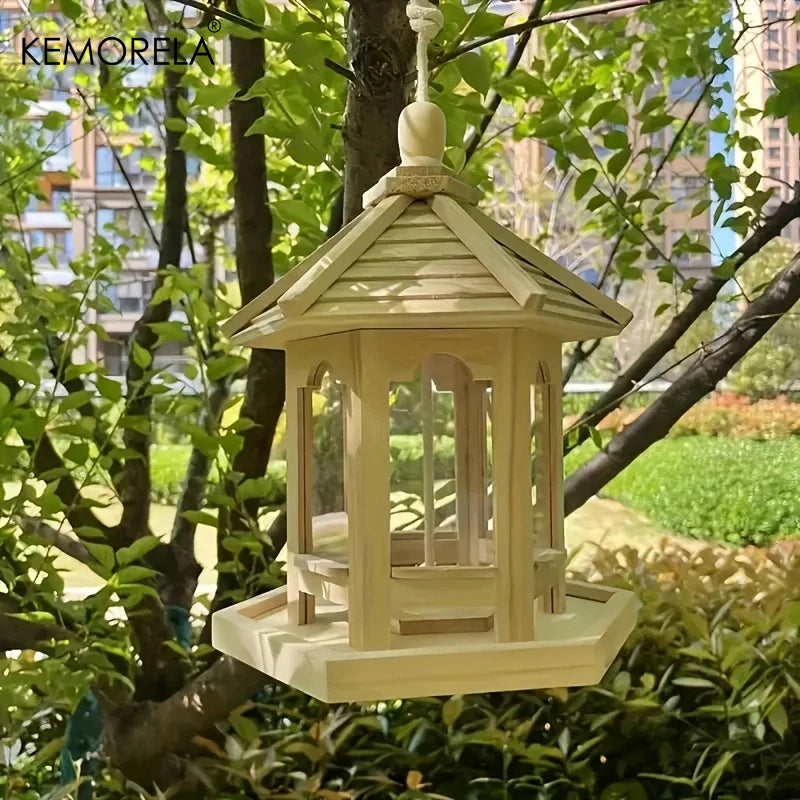 KEMORELA Wooden Hanging Bird Feeder House – Woven Outdoor Decor Hanging Bird Feeder Axl