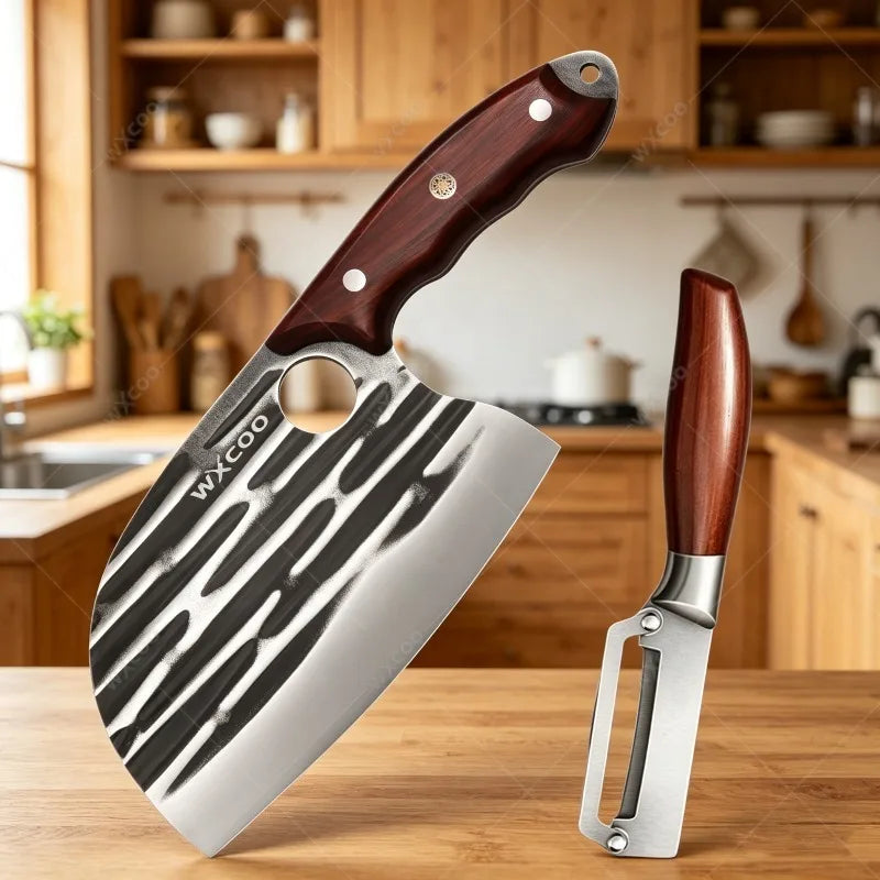 WXCOO Stainless Steel Chef Cleaver & Peeler Set | Wood Handle Chef Cleaver Set Axl