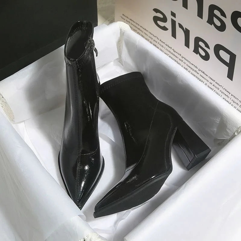 YBQJOO Women's Patent Leather Ankle Boots Square High Heel Ankle Boots Axl