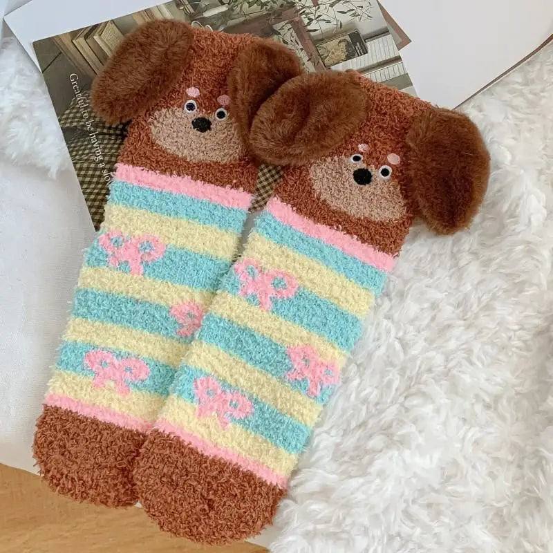 Women's Fluffy Coral Fleece Socks – 3D Dog Ear Cartoon Design Novelty Fluffy Socks Axl A4 One Size