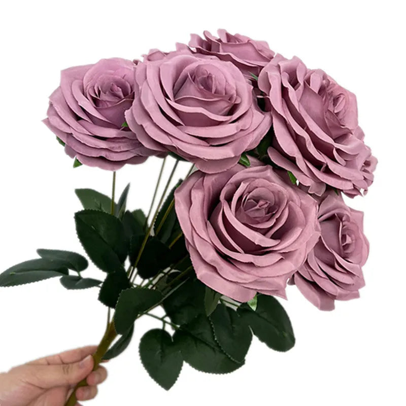 9-Head Faux Silk Rose Bouquet – Wedding & Home Floral Decor Artificial Flower Bouquet Axl