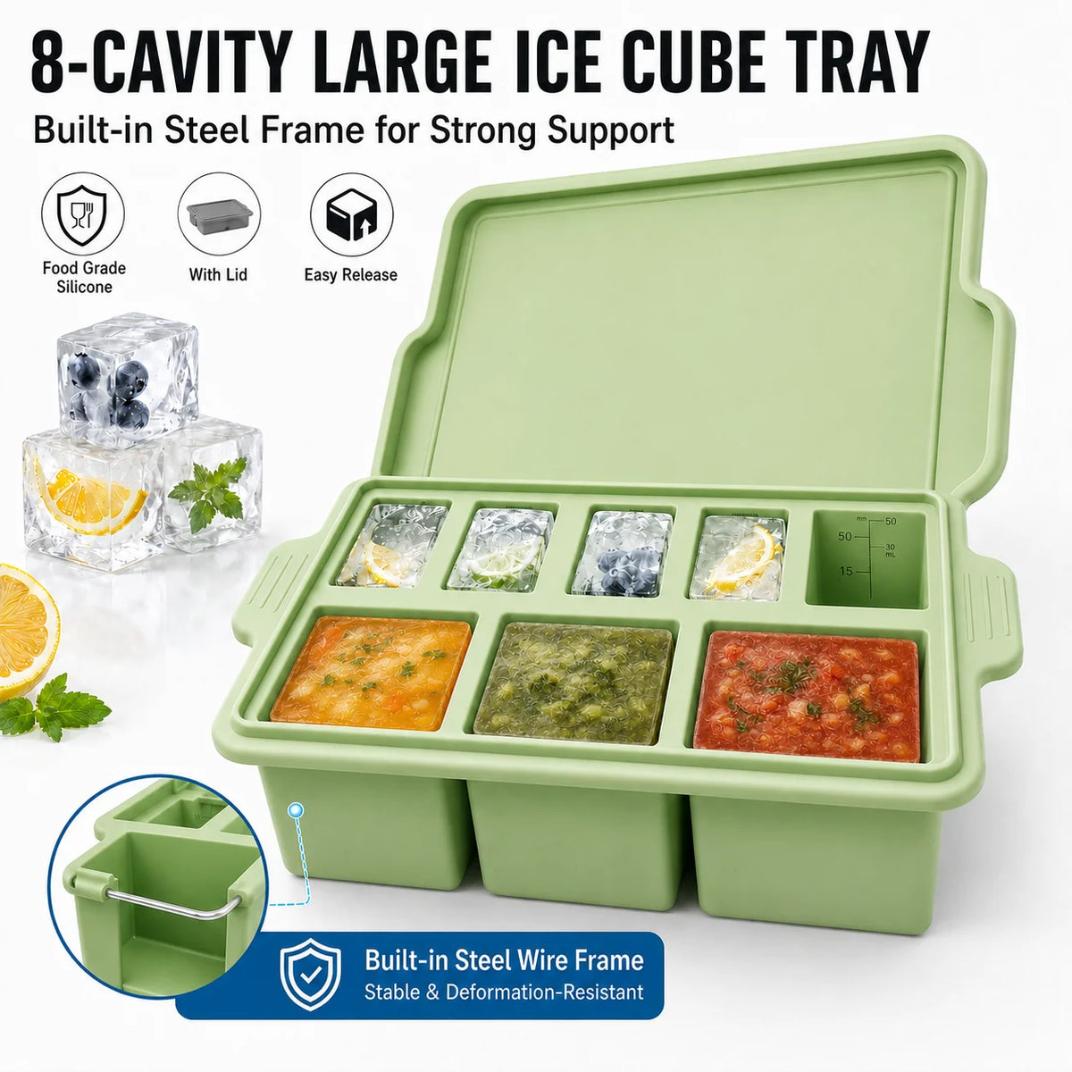 Silicone Ice Cube Tray with Metal Frame & Lid | 8 Large Cubes Silicone Ice Cube Tray Axl