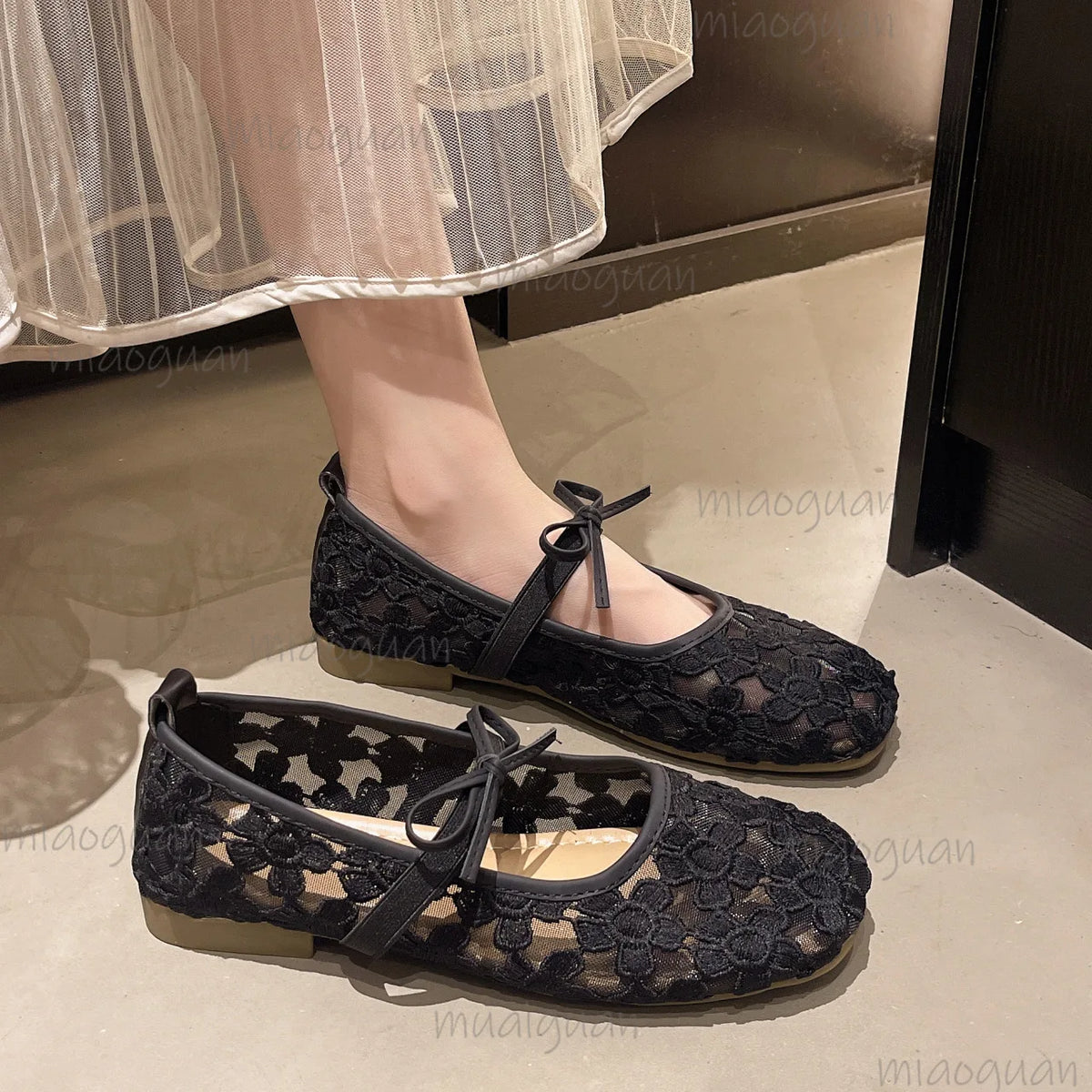 Women's Mesh Lace-Up Flats | Square Toe Comfort Shoes Women's Flat Shoes Axl