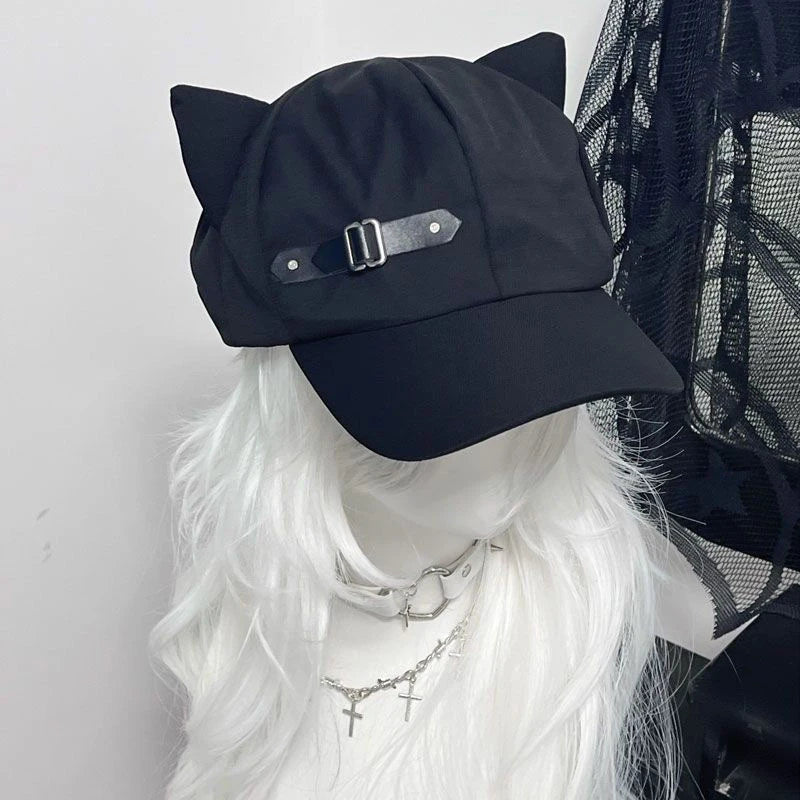 Women's Cat Ear Gothic Beret – Y2K Harajuku Punk Cotton Hat Gothic Beret Hat Axl one size black