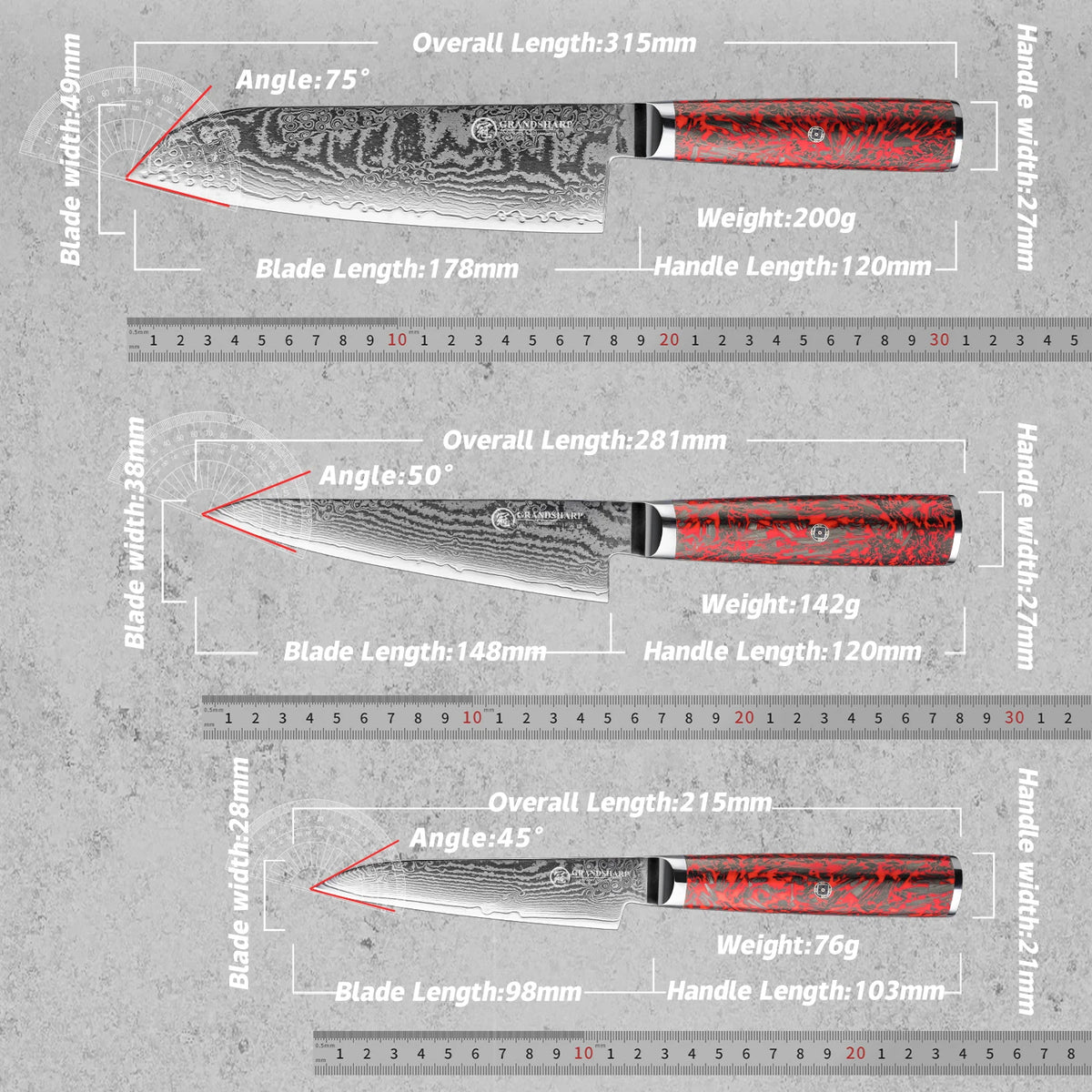 Grandsharp Damascus Steel Kitchen Knife Set – Chef, Nakiri & More Damascus Kitchen Knife Set Axl