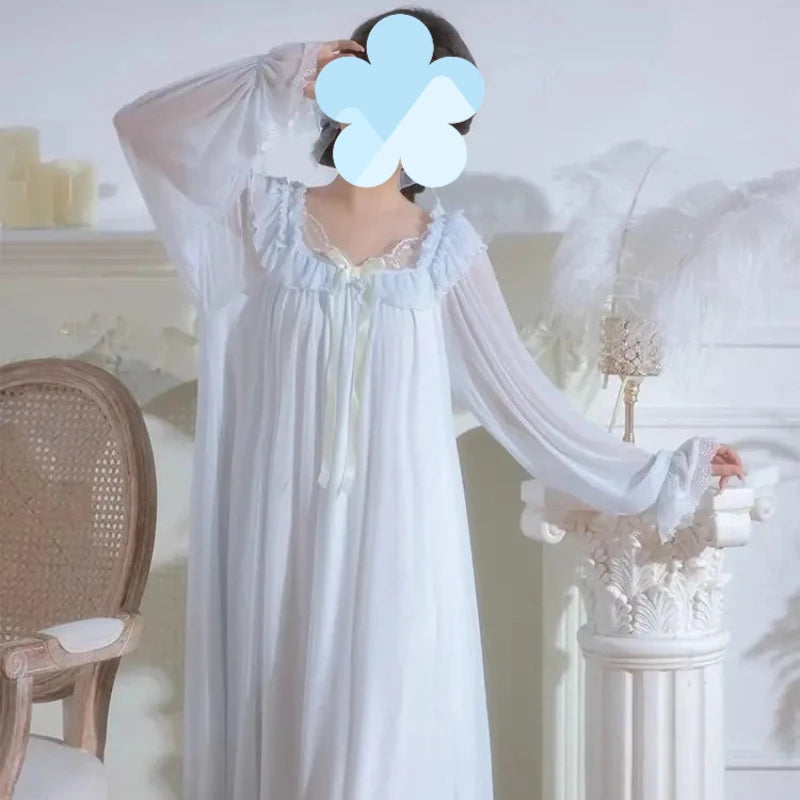 Women's Lace Mesh Nightgown – Bow Long-Sleeve Nightdress Women's Nightgown Axl
