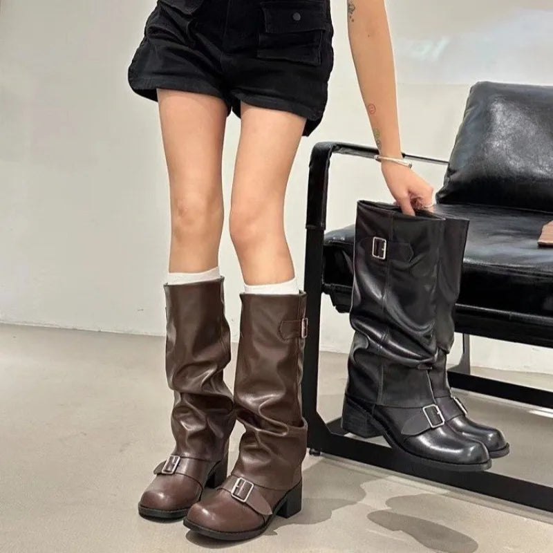 Women's Buckle Strap Knee-High Boots – Retro Round Toe Knee-High Boots Axl