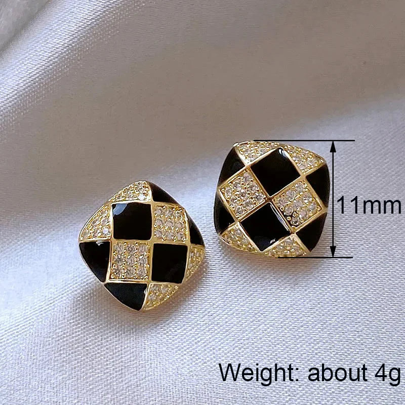 Huitan Gold Grid Stud Earrings – Geometric CZ Fashion Jewelry Stud Earrings Axl