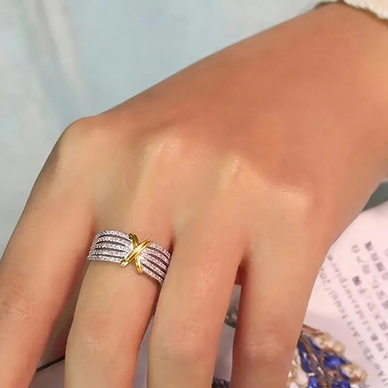 Huitan Two-Tone Cross Ring – Sparkling CZ Statement Ring Fashion Statement Ring Axl