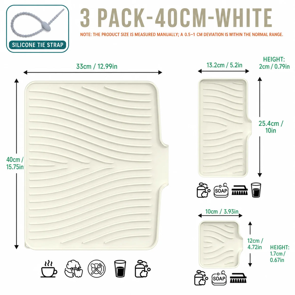 3-Piece Silicone Dish Drying Mat Set – Drainage & Trivet Dish Drying Mat Set Axl 3 PACK-40CM-White All Set
