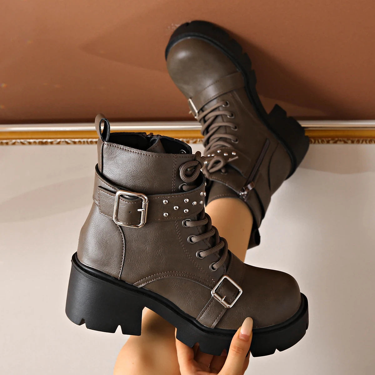 Women's Rivet Mid-Calf Boots – Buckle Strap & Chunky Heel Women's Mid-Calf Boots Axl