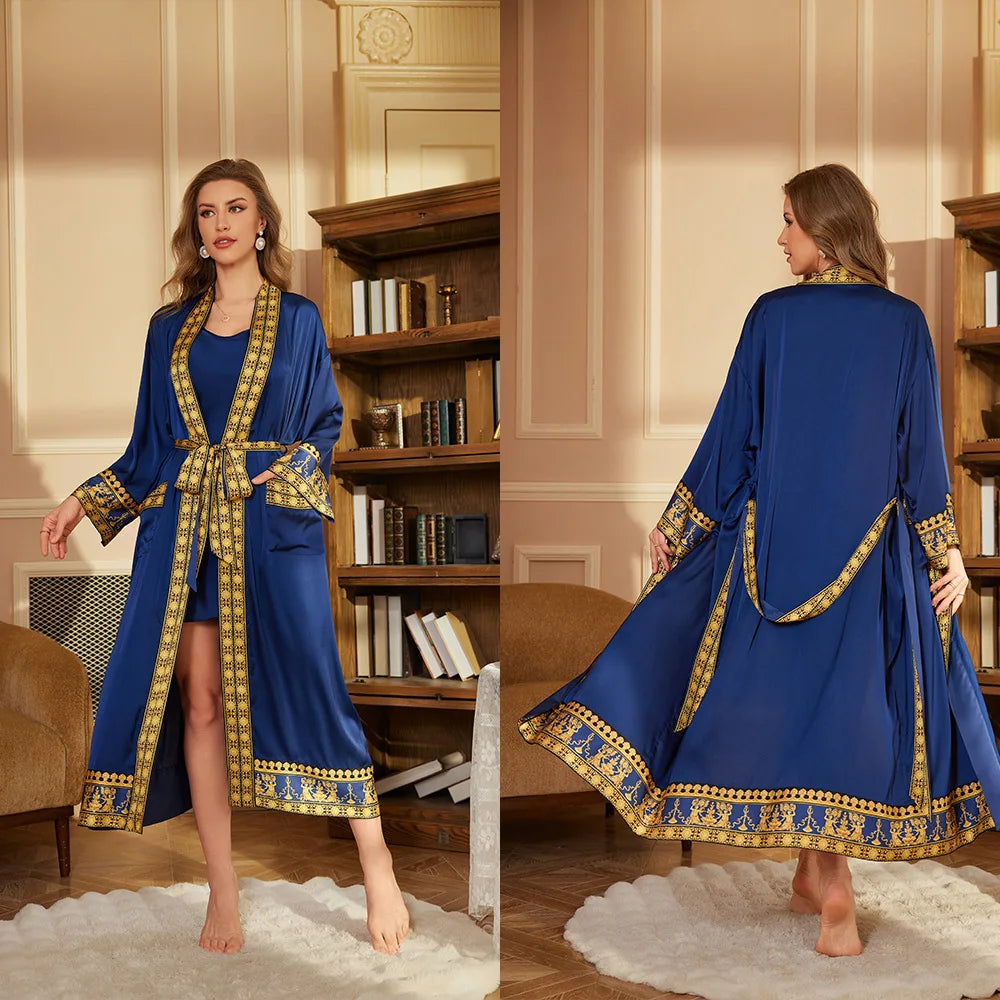 Women's Long Sleeve Printed Lace-Up Robe | Casual Bathrobe Women's Bathrobe Axl blue One Size