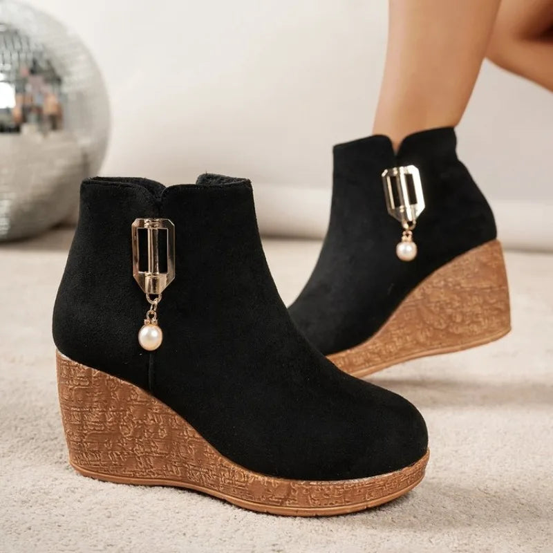 Women's Wedge Heel Ankle Boots – Faux Suede Zip Winter Boots Wedge Ankle Boots Axl 43 005-black