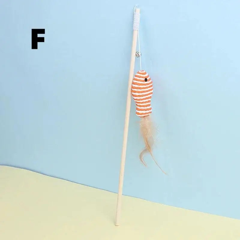 Mouse Shape Wooden Cat Teaser Wand with Feather & Bell Cat Teaser Wand Axl F