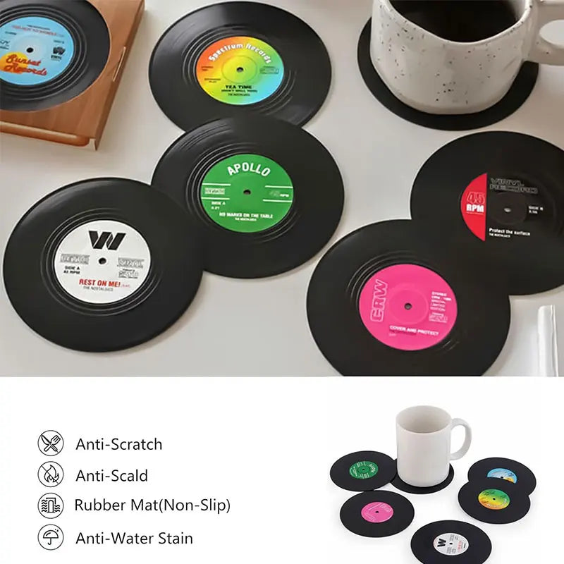 6-Piece Vinyl Record Coasters Set – Retro Non-Slip Drink Coasters Drink Coasters Set Axl