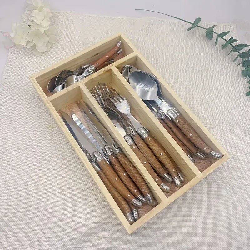 24-Piece Laguiole-Style Flatware Set – Wood Handle Steak Knife & Cutlery Flatware Cutlery Set Axl 24pcs in box