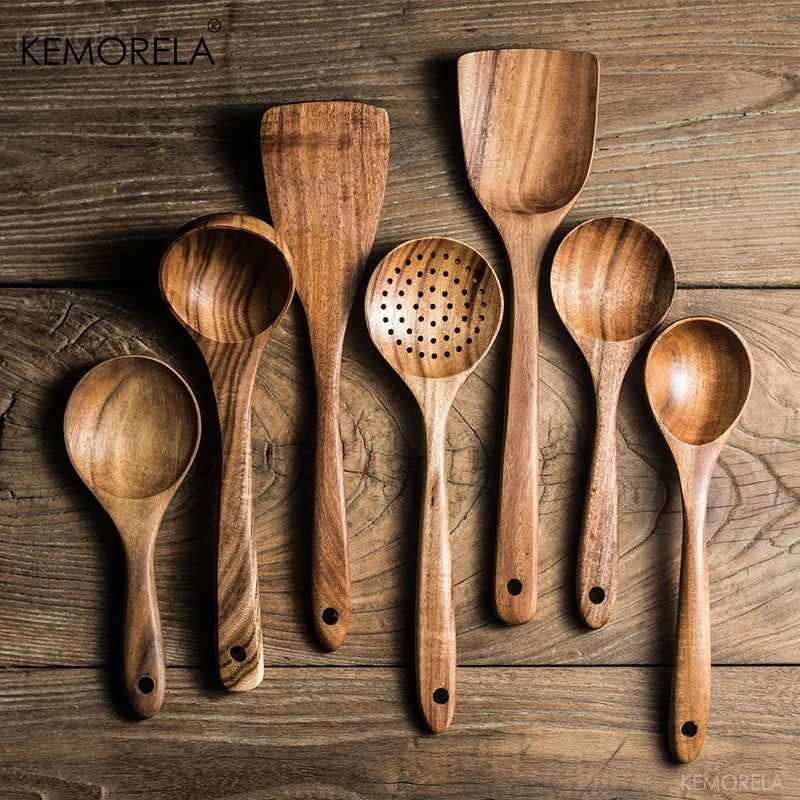 Teak Wood Kitchen Utensil Set – Spoon, Ladle, Turner & Skimmer Wood Cooking Utensil Set Axl