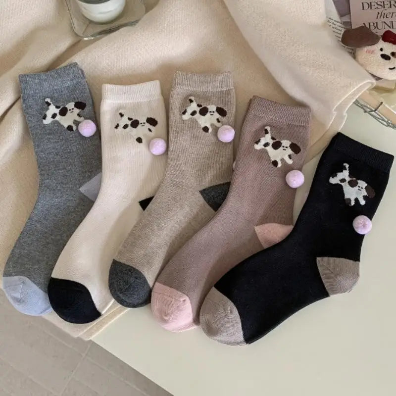 Cute Women's Puppy Socks – Animal Print Cotton Mid-Tube & Fur Ball Novelty Women's Socks Axl
