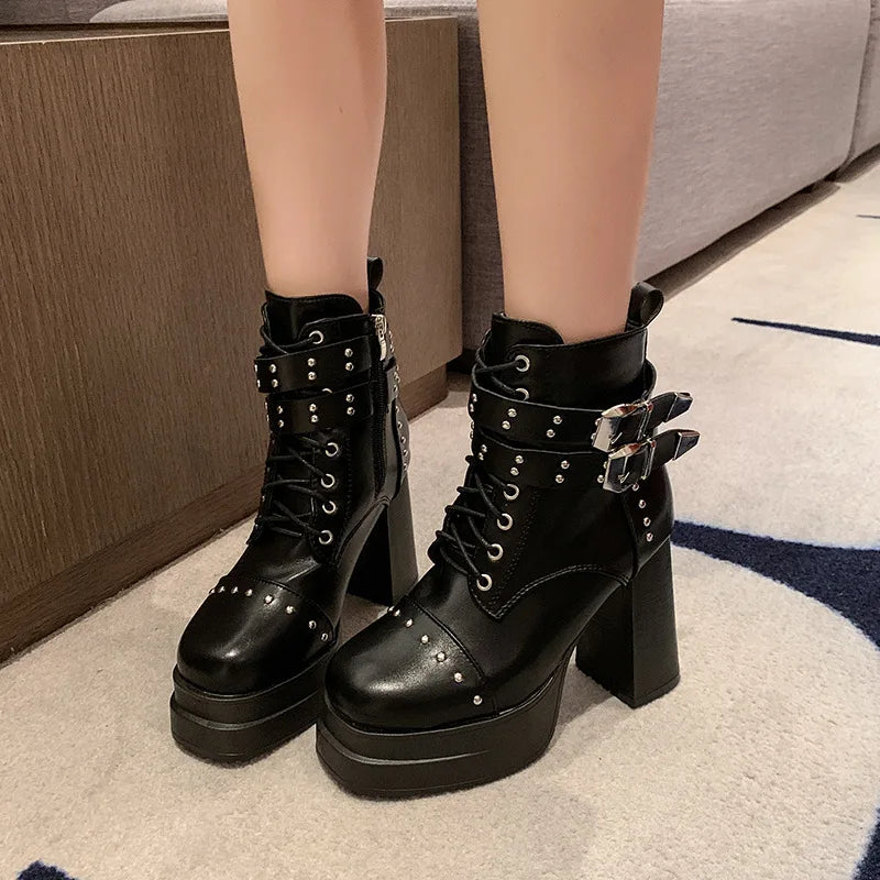 Women's Punk Ankle Boots – Block Heel, Buckle & Rivet Women's Ankle Boots Axl
