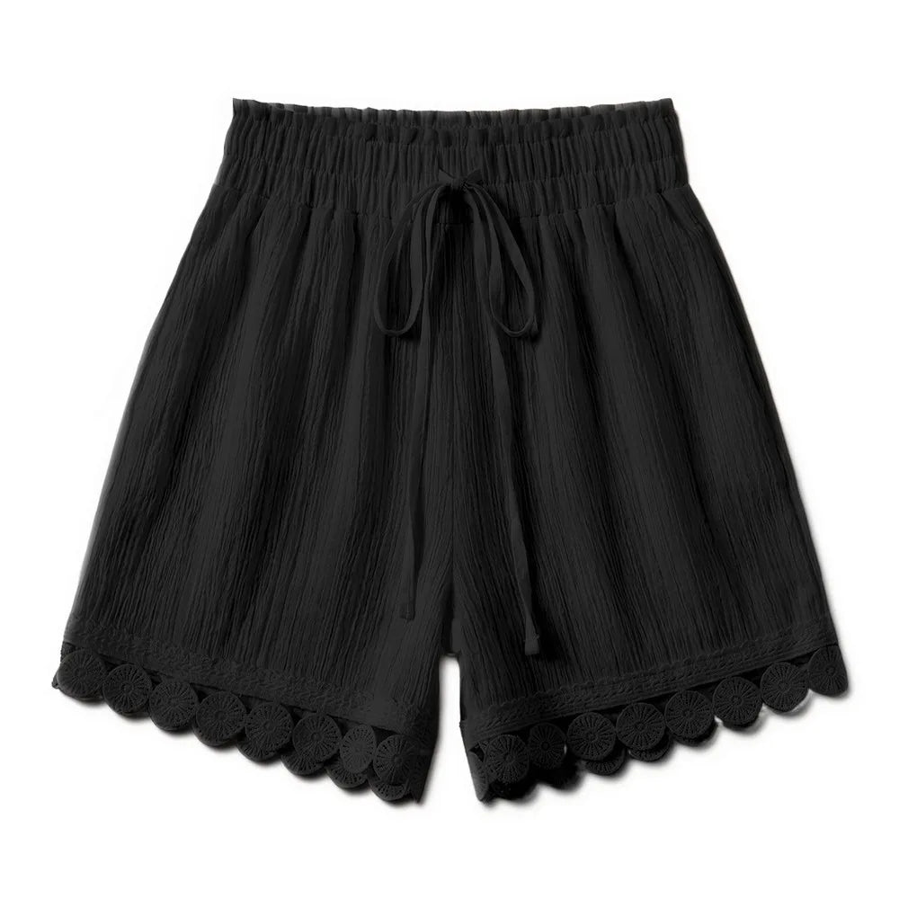 Women's Lace-Trim Wide Leg Beach Shorts | Loose Resort Wear Women's Beach Shorts Axl Black S