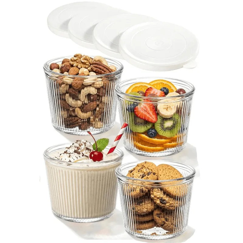 KEMORELA Glass Bowls with Lids – Stackable Striped Set Glass Storage Bowls Axl 4PCS White