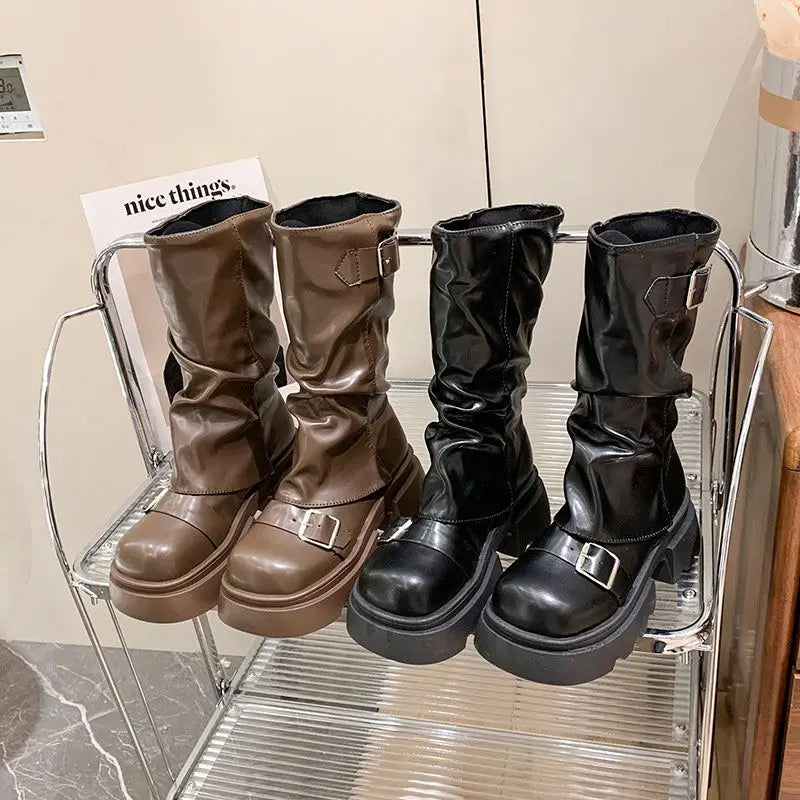 Women's Retro Brown Mid-Calf Wedge Boots | Waterproof Zipper Mid-Calf Boots Axl