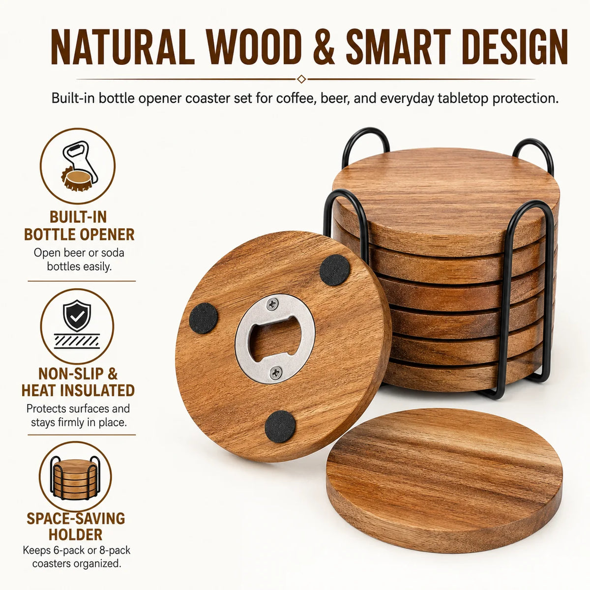 Wooden Coaster with Bottle Opener 2-in-1 | 6 or 8 Pack Bar Coaster Set Axl
