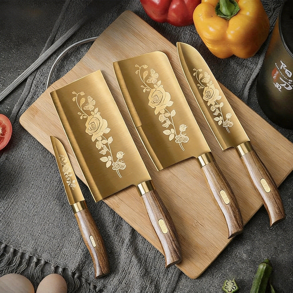 4-Piece Titanium Gold Kitchen Knife Set – Chef, Cleaver & More Kitchen Knife Set Axl