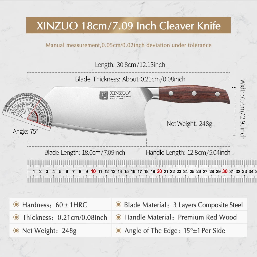 XINZUO 7-Inch Cleaver Knife – 440C Core, Red Wood Handle Cleaver Knife Axl